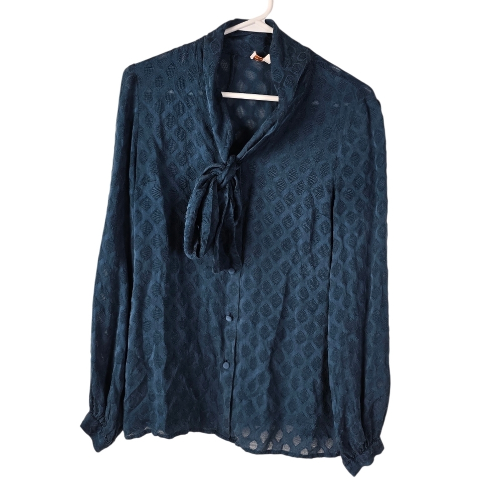 Tory Burch Teal Blue 100% Silk Long Sleeve Button Down Blouse Scarf Collar 8